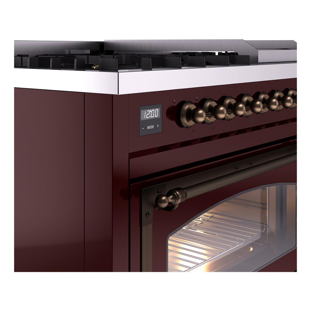 Ilve UN48FNMPBUBLP Ilve Un48Fnmpbublp Nostalgie Ii Noblesse 48" Dual Fuel Range (8 Sealed Burners + Griddle, Liquid Propane, Triple Glass Door, Burgundy, Burnished)