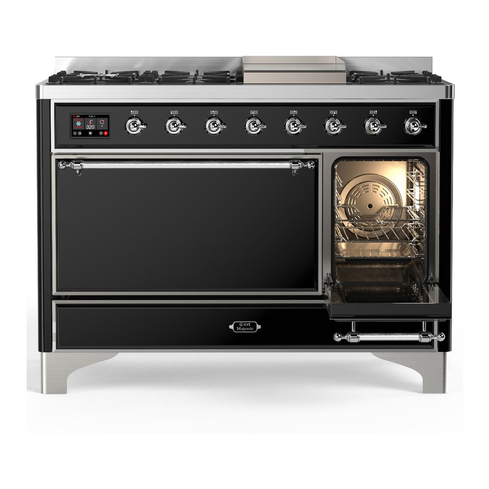 Ilve UM48FQNR3BKCLP Ilve Um48Fqnr3Bkclp Majestic Iii 48 Inch Dual Fuel Range With 8 Burners And Griddle, Dual Function Burner Up To 25,000 Btu (Liquid Propane, Solid Door, Glossy Black, Chrome)