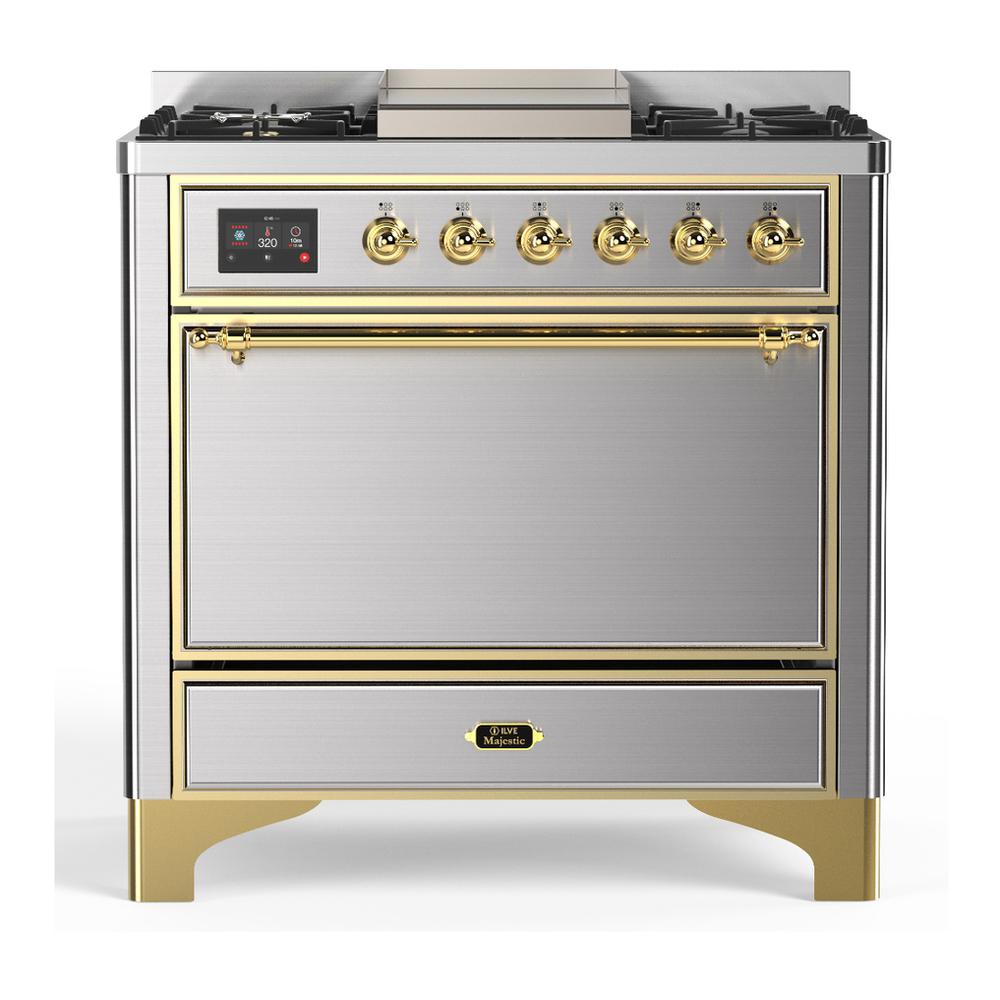 Ilve UM36FQNR3SSGLP Ilve Um36Fqnr3Ssglp Majestic Iii 36 Inch Dual Fuel Range With 6 Black Brass Burners And Griddle, Dual Function Burner Up To 25,000 Btu (Solid Door, Stainless Steel, Brass, Liquid Propane)