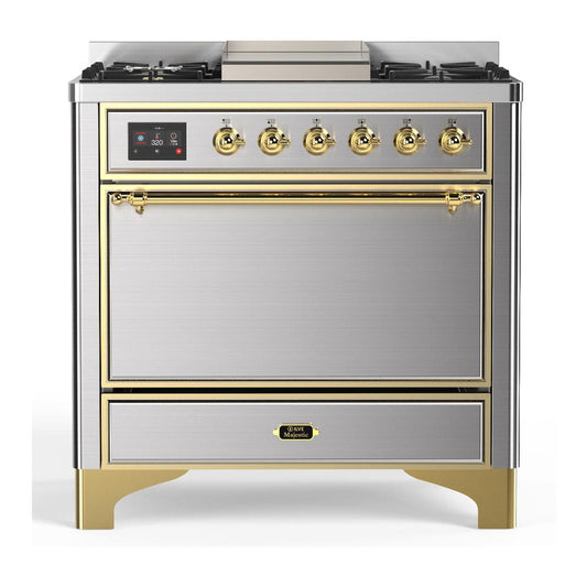 Ilve UM36FQNR3SSGLP Ilve Um36Fqnr3Ssglp Majestic Iii 36 Inch Dual Fuel Range With 6 Black Brass Burners And Griddle, Dual Function Burner Up To 25,000 Btu (Solid Door, Stainless Steel, Brass, Liquid Propane)