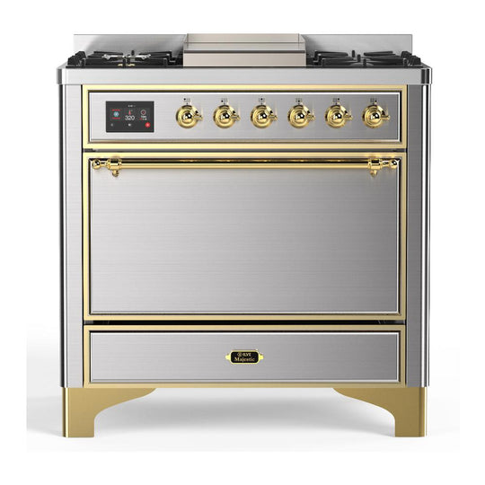 Ilve UM36FQNR3SSGLP Ilve Um36Fqnr3Ssglp Majestic Iii 36 Inch Dual Fuel Range With 6 Black Brass Burners And Griddle, Dual Function Burner Up To 25,000 Btu (Solid Door, Stainless Steel, Brass, Liquid Propane)