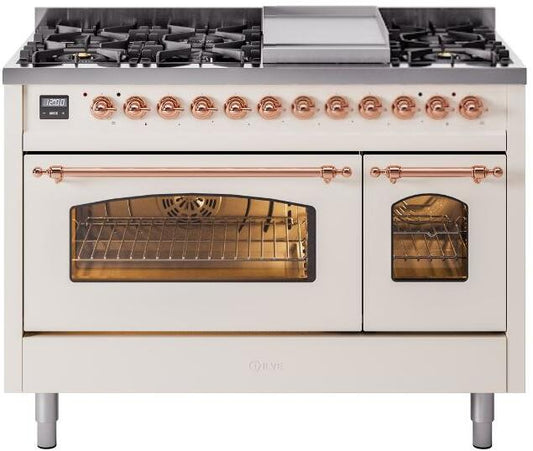 Ilve UP48FNMPAWPLP Nostalgie Ii 48 Inch Dual Fuel Liquid Propane Freestanding Range In Antique White With Copper Trim