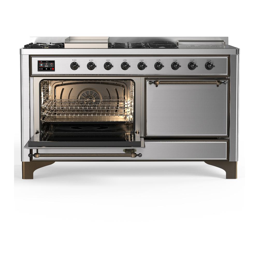 Ilve UM60FSQNR3SSBLP Ilve Um60Fsqnr3Ssblp Majestic Iii 60 Inch Dual Fuel Range With 7 Burners, Griddle And French Top, Dual Function Burner With Up To 25,000 Btu (Liquid Propane, Solid Door, Stainless Steel, Burnished)