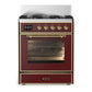 Ilve UM30NR3BUG Ilve Um30Nr3Bug Majestic Iii 30 Inch Dual Fuel Range With 5 Black Brass Burners, Dual Function Burner Up To 25,000 Btu (Natural Gas, Triple Glass Door, Burgundy, Brass)