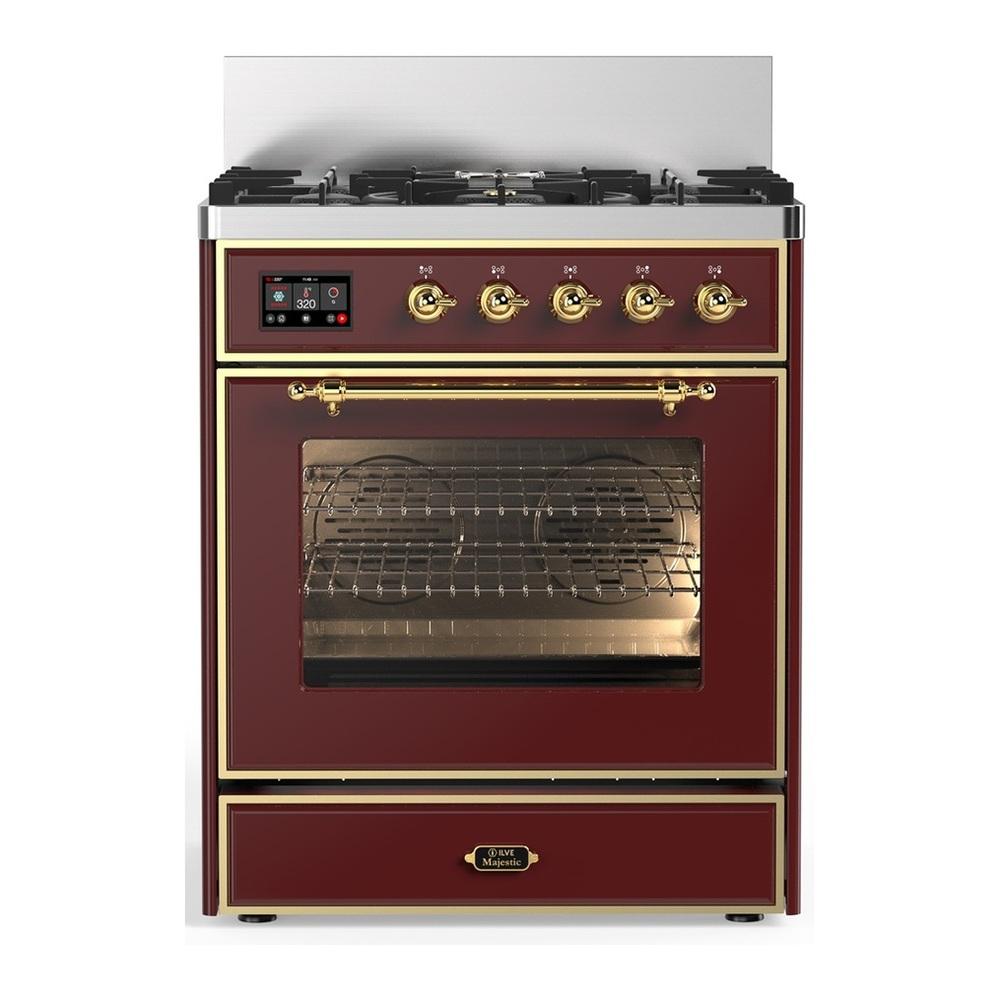 Ilve UM30NR3BUG Ilve Um30Nr3Bug Majestic Iii 30 Inch Dual Fuel Range With 5 Black Brass Burners, Dual Function Burner Up To 25,000 Btu (Natural Gas, Triple Glass Door, Burgundy, Brass)