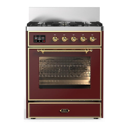 Ilve UM30NR3BUG Ilve Um30Nr3Bug Majestic Iii 30 Inch Dual Fuel Range With 5 Black Brass Burners, Dual Function Burner Up To 25,000 Btu (Natural Gas, Triple Glass Door, Burgundy, Brass)