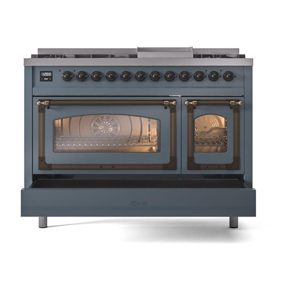 Ilve UN48FNMPBGB Ilve Un48Fnmpbgb Nostalgie Ii Noblesse 48" Dual Fuel Range (8 Sealed Burners + Griddle, Natural Gas, Triple Glass Door, Blue Grey, Burnished)