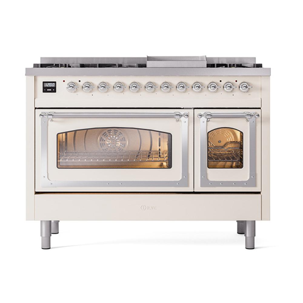 Ilve UN48FNMPAWC Ilve Un48Fnmpawc Nostalgie Ii Noblesse 48" Dual Fuel Range (8 Sealed Burners + Griddle, Natural Gas, Triple Glass Door, Antique White, Chrome)