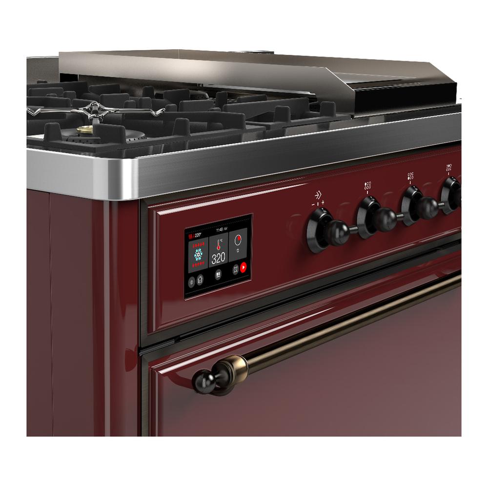 Ilve UM48FSQNR3BUB Ilve Um48Fsqnr3Bub Majestic Iii 48 Inch Dual Fuel Range With 5 Black Brass Burners, Griddle And French Top, Dual Function Burner Up To 25,000 Btu (Natural Gas, Solid Door, Burgundy, Burnished)
