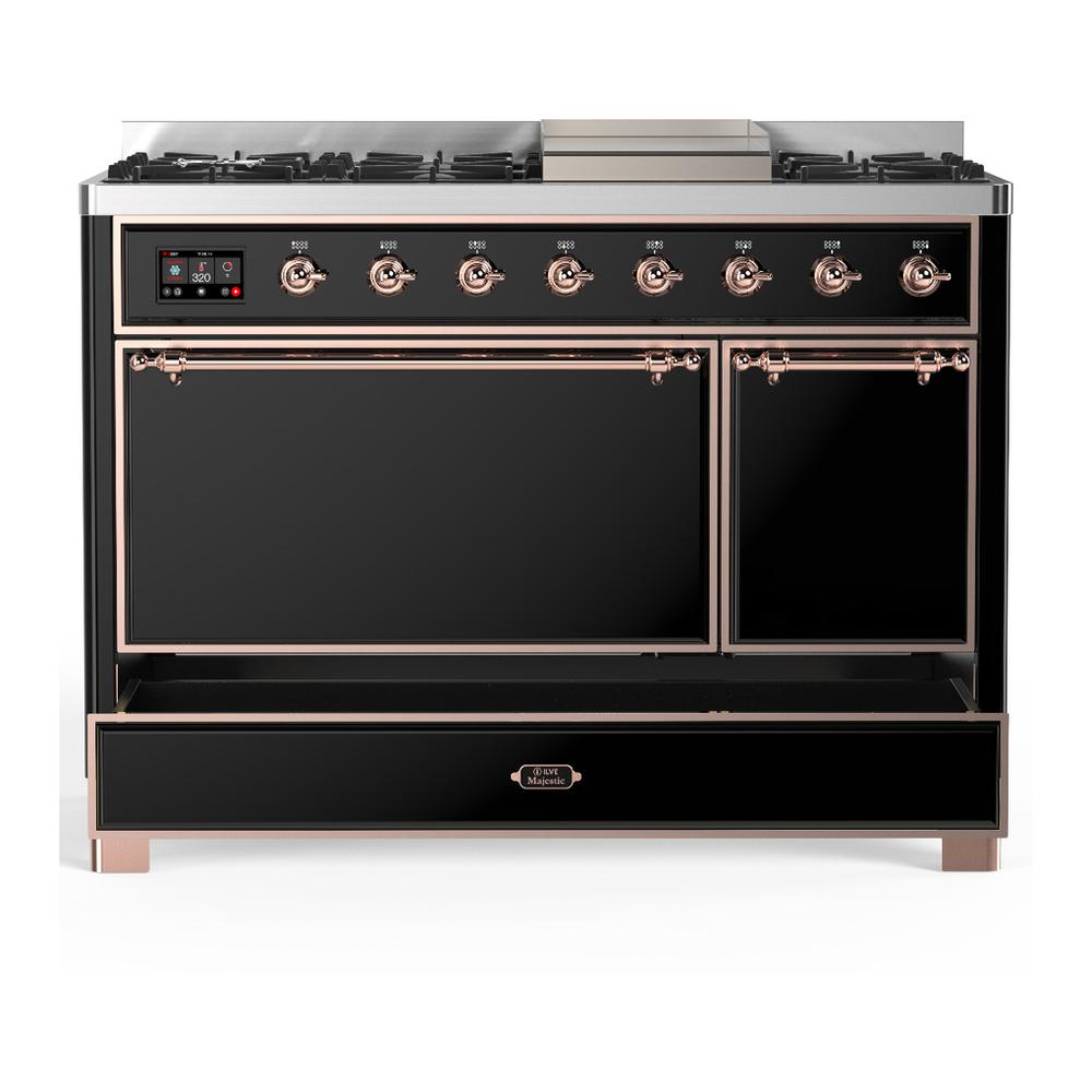 Ilve UM48FQNR3BKPLP Ilve Um48Fqnr3Bkplp Majestic Iii 48 Inch Dual Fuel Range With 8 Burners And Griddle, Dual Function Burner Up To 25,000 Btu (Liquid Propane, Solid Door, Glossy Black, Copper)