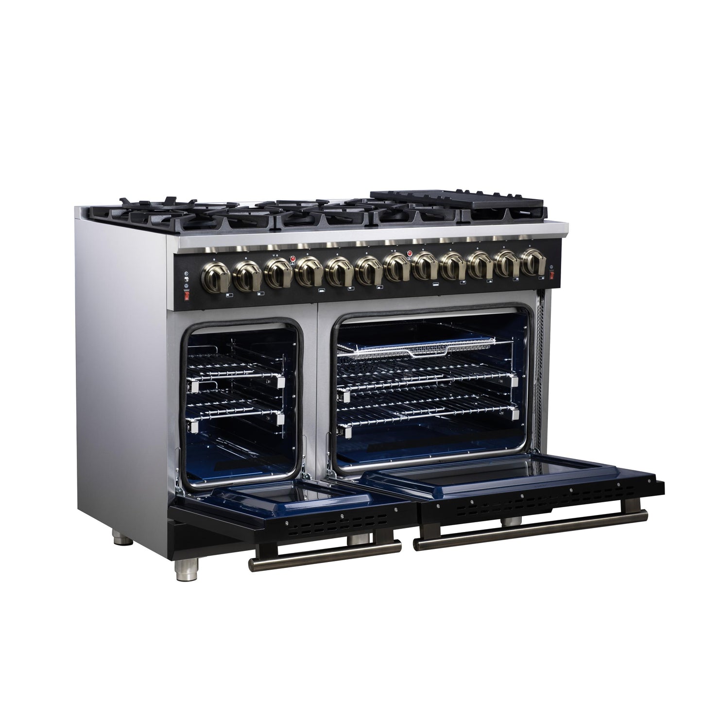 Forno FFSGS612548BLK Forno Massimo 48 Inch Freestanding Dual Fuel Range In Black With Antique Brass Accessories, 8 Burners, 6.58 Cu. Ft. Convection Oven