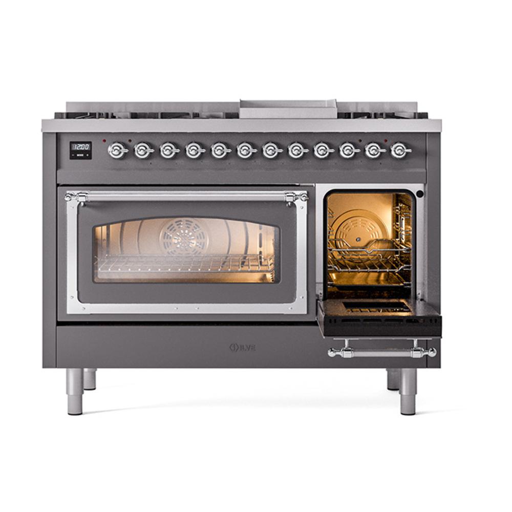 Ilve UN48FNMPMGC Ilve Un48Fnmpmgc Nostalgie Ii Noblesse 48" Dual Fuel Range (8 Sealed Burners + Griddle, Natural Gas, Triple Glass Door, Graphite Matte, Chrome)