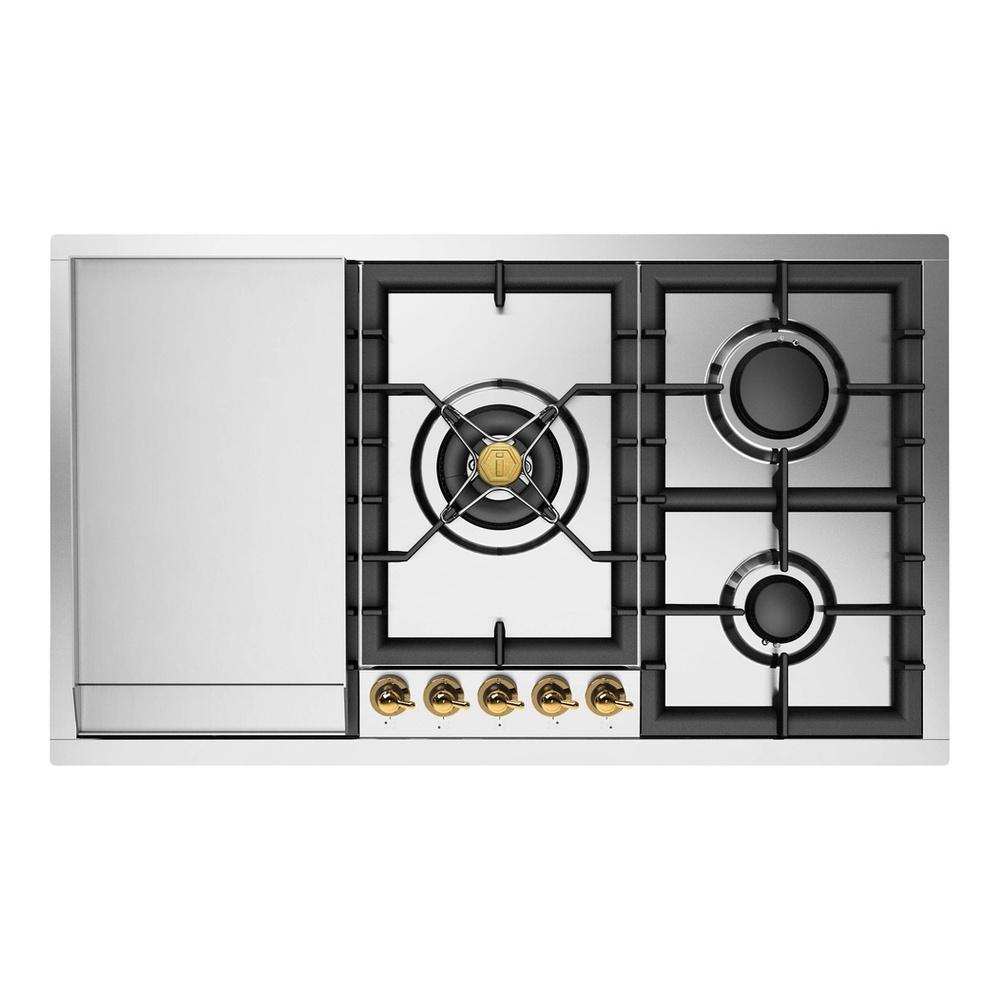 Ilve UHCPT95FNSSGLP Ilve Uhcpt95Fnssglp Nostalgie Ii 36 Inch Built-In Gas Cooktop With Total Black Brass Burners, In Stainless Steel (5 Sealed Burners + Griddle, Liquid Propane, Brass)