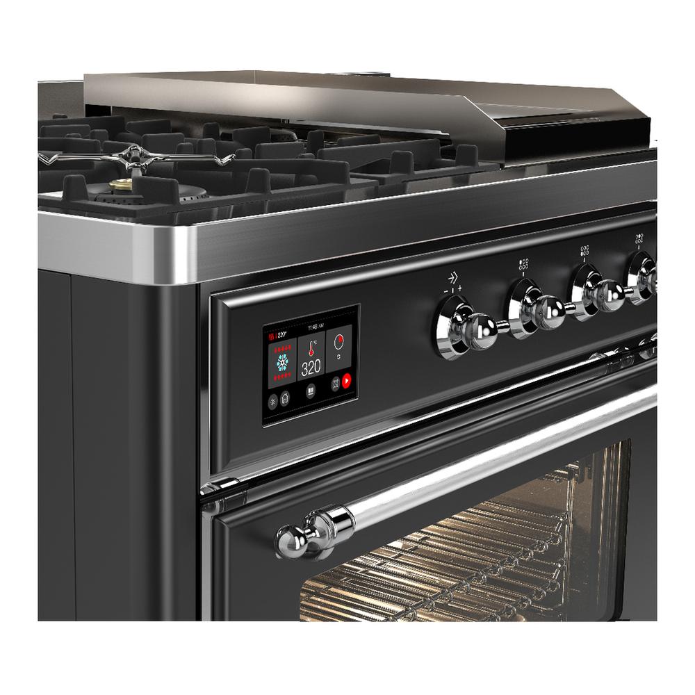 Ilve UM48FSNR3MGC Ilve Um48Fsnr3Mgc Majestic Iii 48 Inch Dual Fuel Range With 5 Black Brass Burners, Griddle And French Top, Dual Function Burner Up To 25,000 Btu (Natural Gas, Triple Glass Door, Graphite Matte, Chrome)