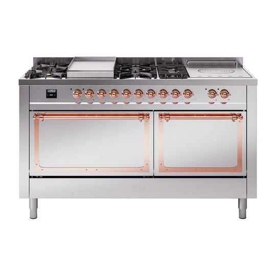 Ilve UN60FSQNMPSSPLP Ilve Un60Fsqnmpssplp Nostalgie Ii Noblesse 60" Dual Fuel Range (7 Sealed Burners + Griddle + French Top, Liquid Propane, Solid Door, Stainless Steel, Copper)