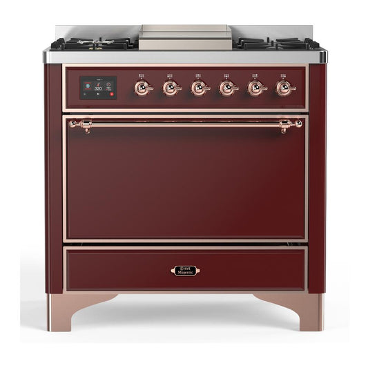 Ilve UM36FQNR3BUPLP Ilve Um36Fqnr3Buplp Majestic Iii 36 Inch Dual Fuel Range With 6 Black Brass Burners And Griddle, Dual Function Burner Up To 25,000 Btu (Solid Door, Burgundy, Copper, Liquid Propane)