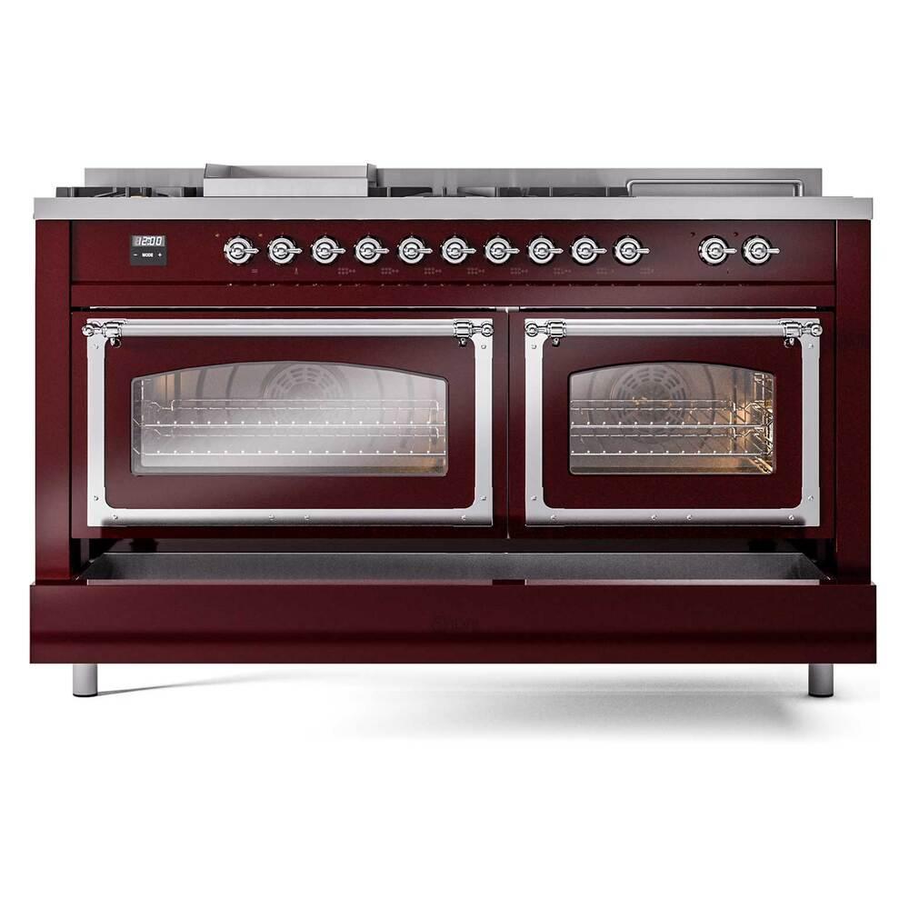 Ilve UN60FSNMPBUC Ilve Un60Fsnmpbuc Nostalgie Ii Noblesse 60" Dual Fuel Range (7 Sealed Burners + Griddle + French Top, Natural Gas, Triple Glass Door, Burgundy, Chrome)