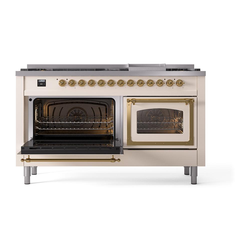 Ilve UN60FNMPAWG Ilve Un60Fnmpawg Nostalgie Ii Noblesse 60" Dual Fuel Range (9 Sealed Burners + Griddle, Natural Gas, Triple Glass Door, Antique White, Brass)