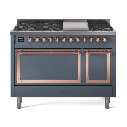 Ilve UN48FQNMPBGP Ilve Un48Fqnmpbgp Nostalgie Ii Noblesse 48" Dual Fuel Range (8 Sealed Burners + Griddle, Natural Gas, Solid Door, Blue Grey, Copper)