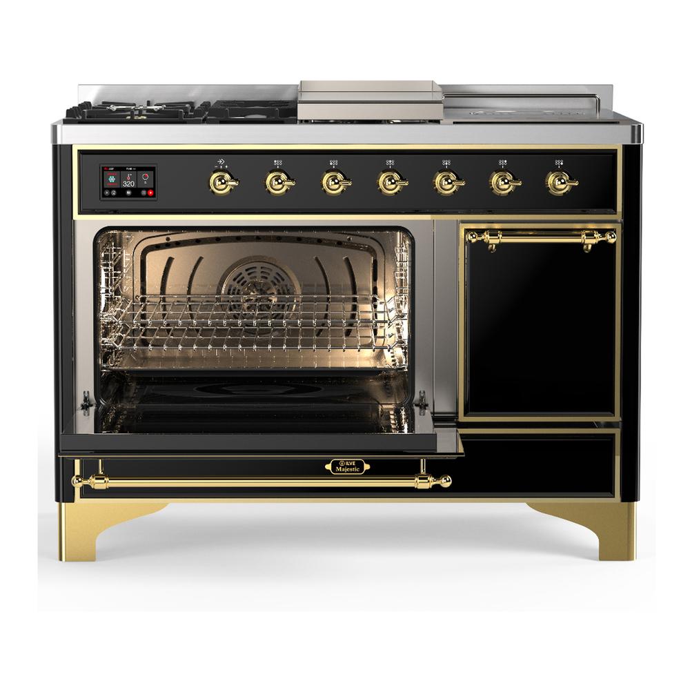 Ilve UM48FSQNR3BKGLP Ilve Um48Fsqnr3Bkglp Majestic Iii 48 Inch Dual Fuel Range With 5 Black Brass Burners, Griddle And French Top, Dual Function Burner Up To 25,000 Btu (Liquid Propane, Solid Door, Glossy Black, Brass)