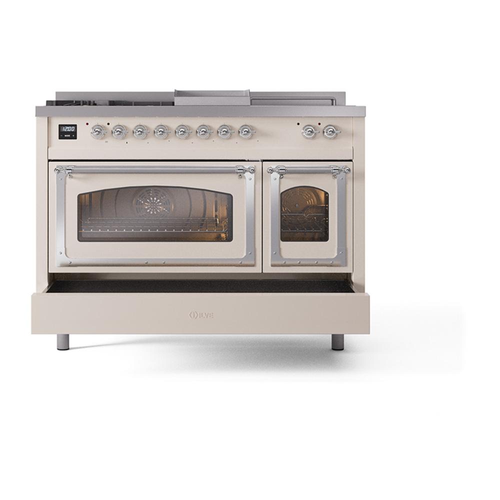 Ilve UN48FSNMPAWCLP Ilve Un48Fsnmpawclp Nostalgie Ii Noblesse 48" Dual Fuel Range (5 Sealed Burners + Griddle + French Top, Liquid Propane, Triple Glass Door, Antique White, Chrome)