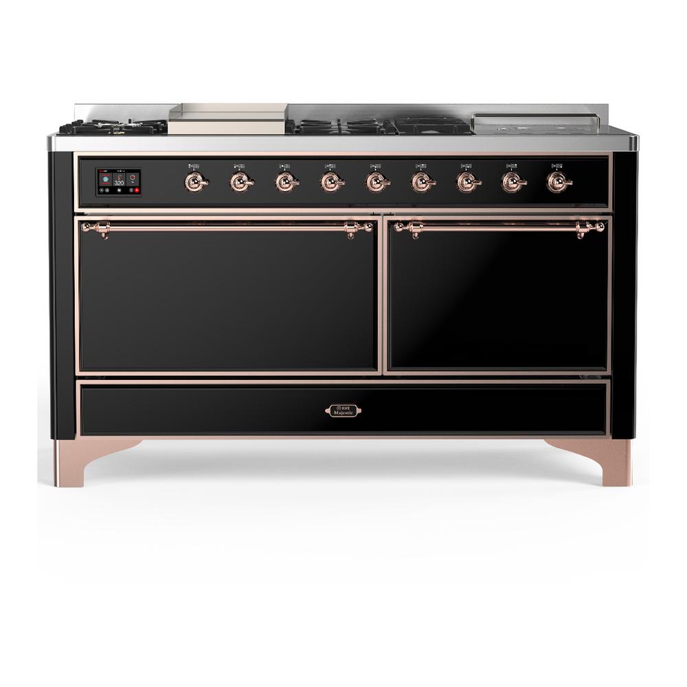Ilve UM60FSQNR3BKP Ilve Um60Fsqnr3Bkp Majestic Iii 60 Inch Dual Fuel Range With 7 Burners, Griddle And French Top, Dual Function Burner With Up To 25,000 Btu (Natural Gas, Solid Door, Glossy Black, Copper)