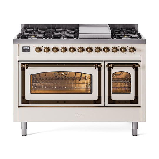 Ilve UN48FNMPAWBLP Ilve Un48Fnmpawblp Nostalgie Ii Noblesse 48" Dual Fuel Range (8 Sealed Burners + Griddle, Liquid Propane, Triple Glass Door, Antique White, Burnished)