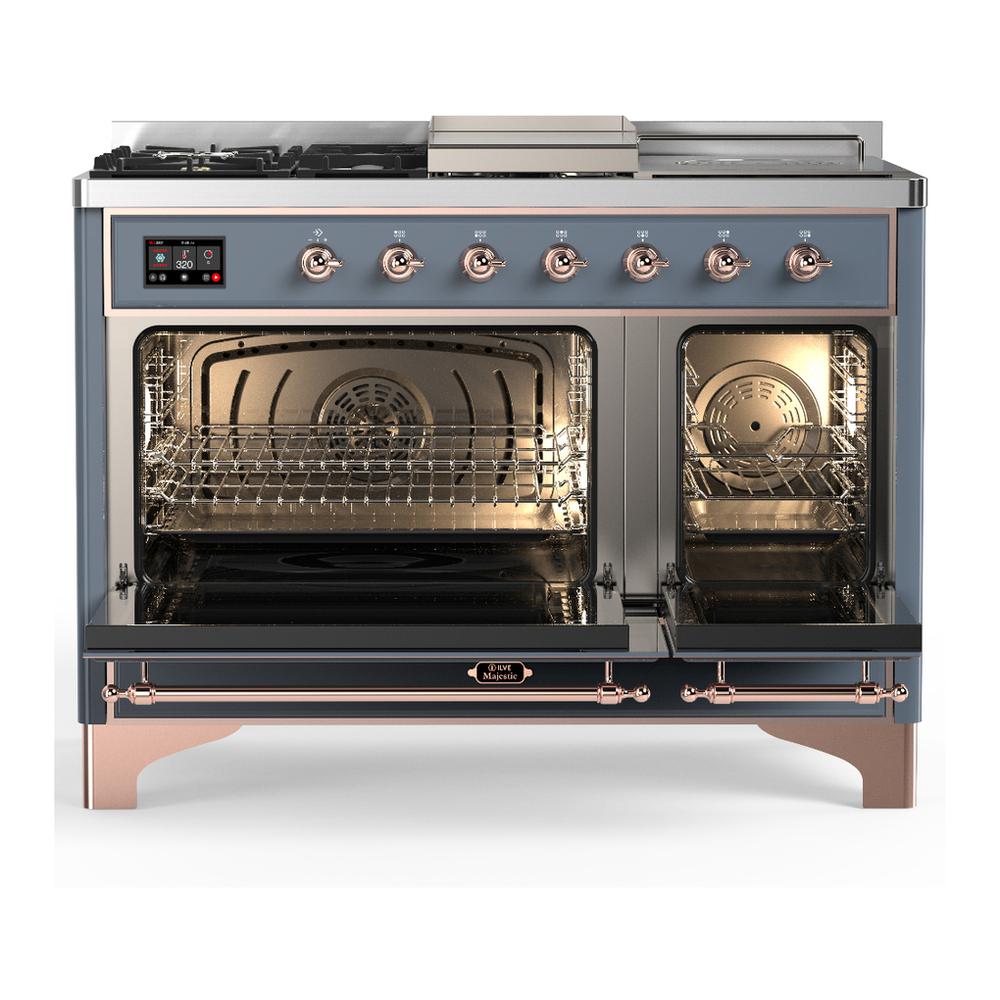 Ilve UM48FSNR3BGP Ilve Um48Fsnr3Bgp Majestic Iii 48 Inch Dual Fuel Range With 5 Black Brass Burners, Griddle And French Top, Dual Function Burner Up To 25,000 Btu (Natural Gas, Triple Glass Door, Blue Grey, Copper)