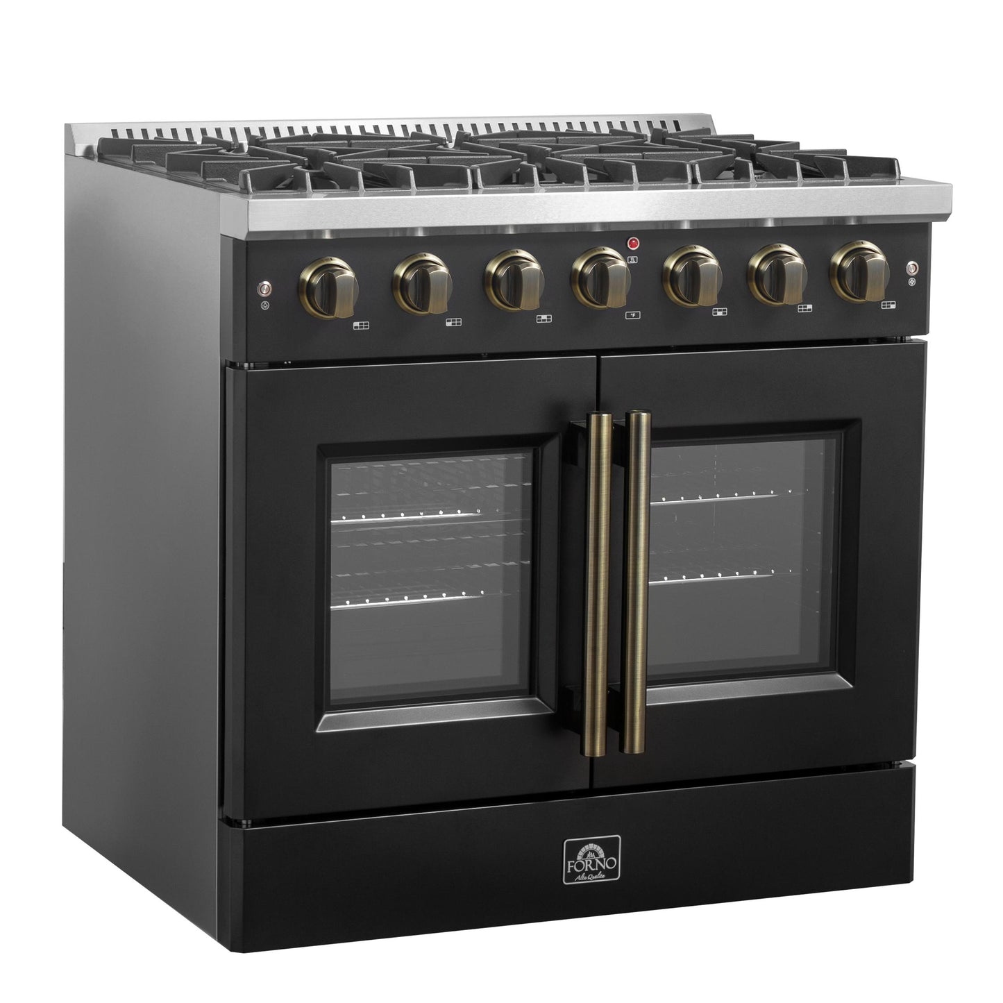 Forno FFSGS644436BLK Forno Galiano 36-Inch French Door Gas Range Black And Antique Brass Design, 6 Sealed Burners 83,000 Btu, 5.36 Cu.Ft. Convection Oven