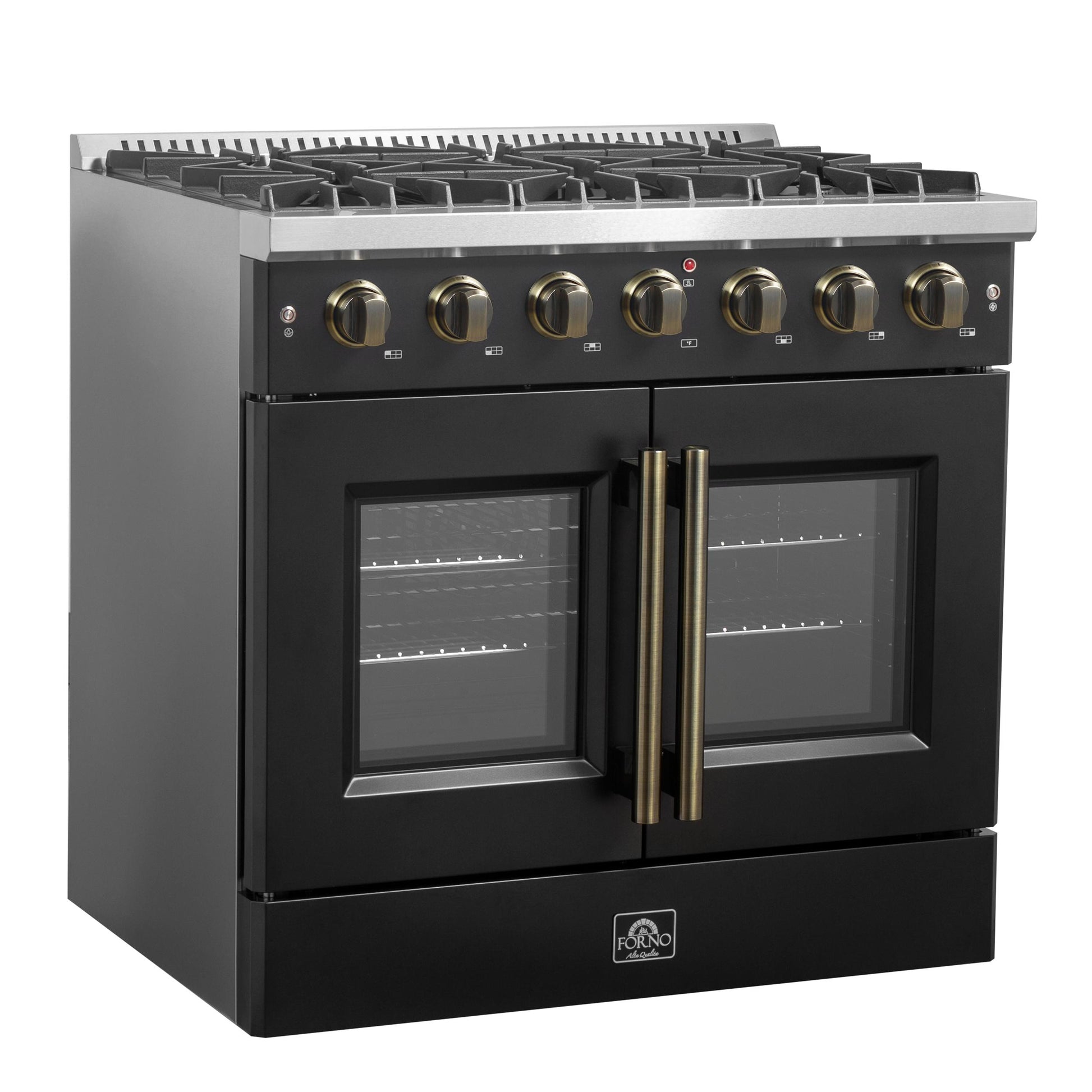 Forno FFSGS644436BLK Forno Galiano 36-Inch French Door Gas Range Black And Antique Brass Design, 6 Sealed Burners 83,000 Btu, 5.36 Cu.Ft. Convection Oven