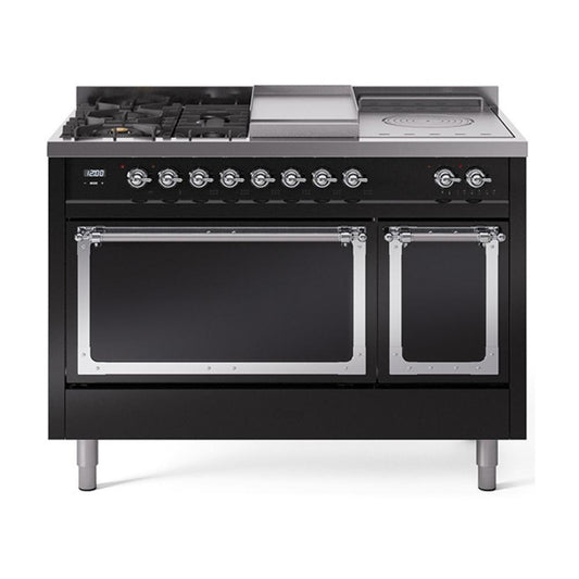 Ilve UN48FSQNMPBKC Ilve Un48Fsqnmpbkc Nostalgie Ii Noblesse 48" Dual Fuel Range (5 Sealed Burners + Griddle + French Top, Natural Gas, Solid Door, Glossy Black, Chrome)