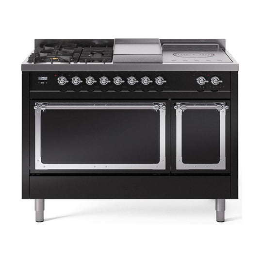 Ilve UN48FSQNMPBKC Ilve Un48Fsqnmpbkc Nostalgie Ii Noblesse 48" Dual Fuel Range (5 Sealed Burners + Griddle + French Top, Natural Gas, Solid Door, Glossy Black, Chrome)