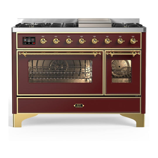 Ilve UM48FNR3BUGLP Ilve Um48Fnr3Buglp Majestic Iii 48 Inch Dual Fuel Range With 8 Burners And Griddle, Dual Function Burner Up To 25,000 Btu (Liquid Propane, Triple Glass Door, Burgundy, Brass)