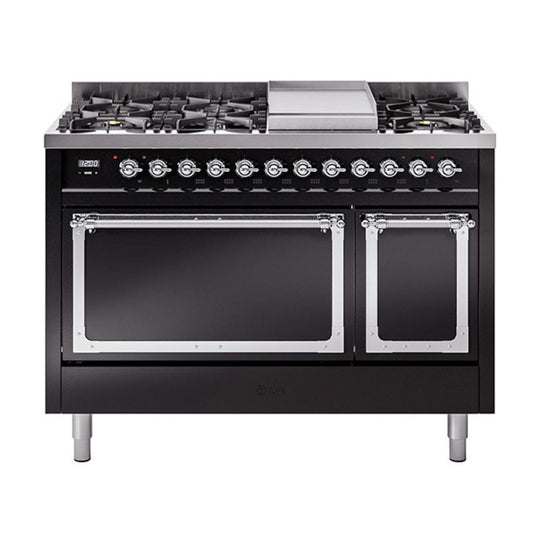 Ilve UN48FQNMPBKCLP Ilve Un48Fqnmpbkclp Nostalgie Ii Noblesse 48" Dual Fuel Range (8 Sealed Burners + Griddle, Liquid Propane, Solid Door, Glossy Black, Chrome)