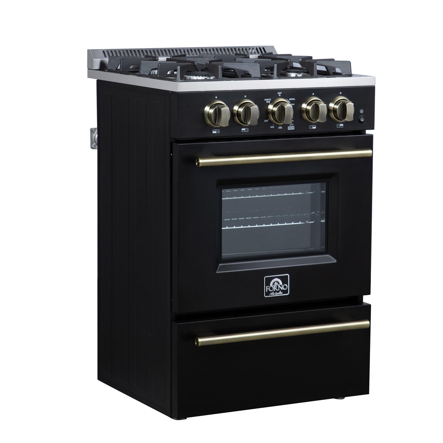 Forno FFSGS627224BLK Forno Breno 24 Inch Freestanding Gas Range In Black With Antique Brass, Compact Design