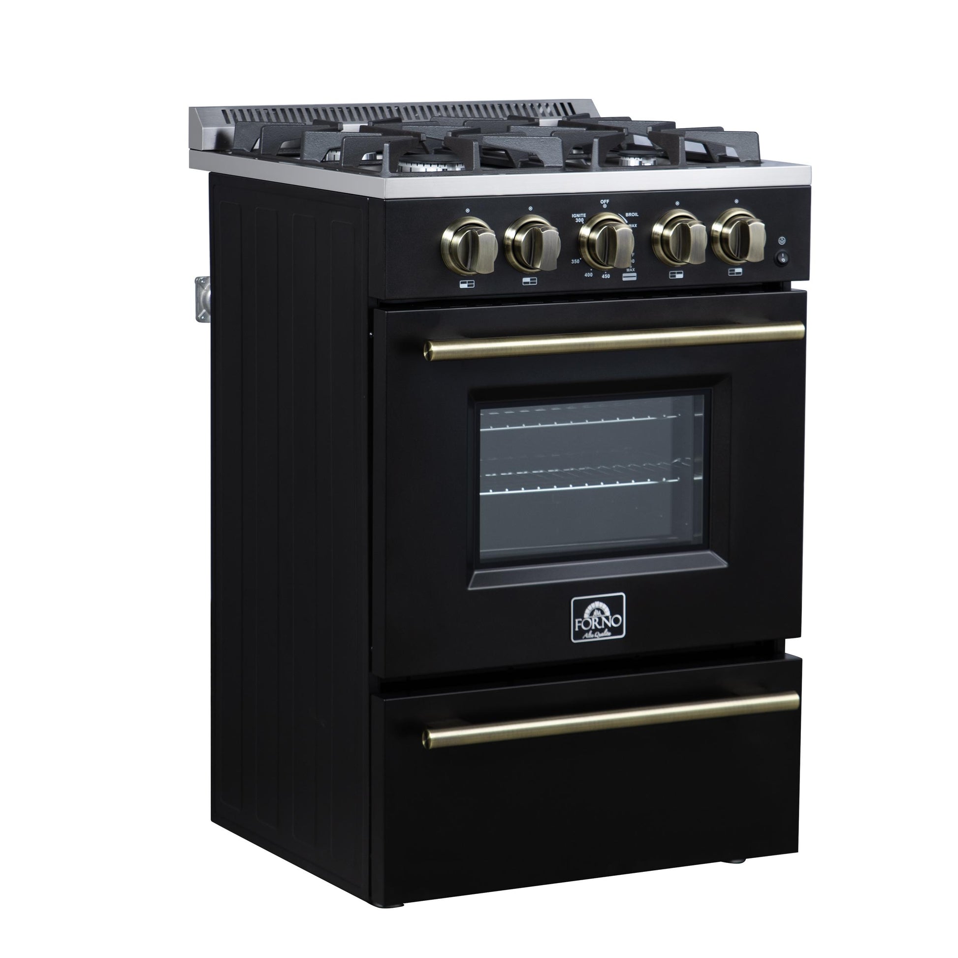 Forno FFSGS627224BLK Forno Breno 24 Inch Freestanding Gas Range In Black With Antique Brass, Compact Design