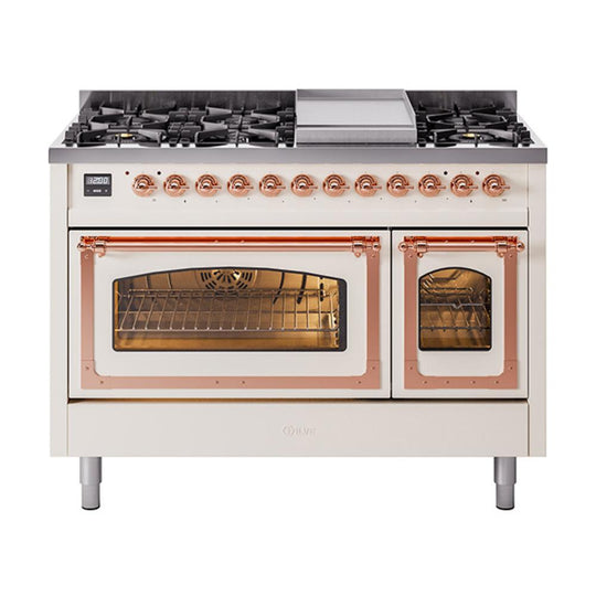 Ilve UN48FNMPAWP Ilve Un48Fnmpawp Nostalgie Ii Noblesse 48" Dual Fuel Range (8 Sealed Burners + Griddle, Natural Gas, Triple Glass Door, Antique White, Copper)