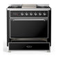 Ilve UM36FQNR3BKC Ilve Um36Fqnr3Bkc Majestic Iii 36 Inch Dual Fuel Range With 6 Black Brass Burners And Griddle, Dual Function Burner Up To 25,000 Btu (Solid Door, Glossy Black, Chrome, Natural Gas)