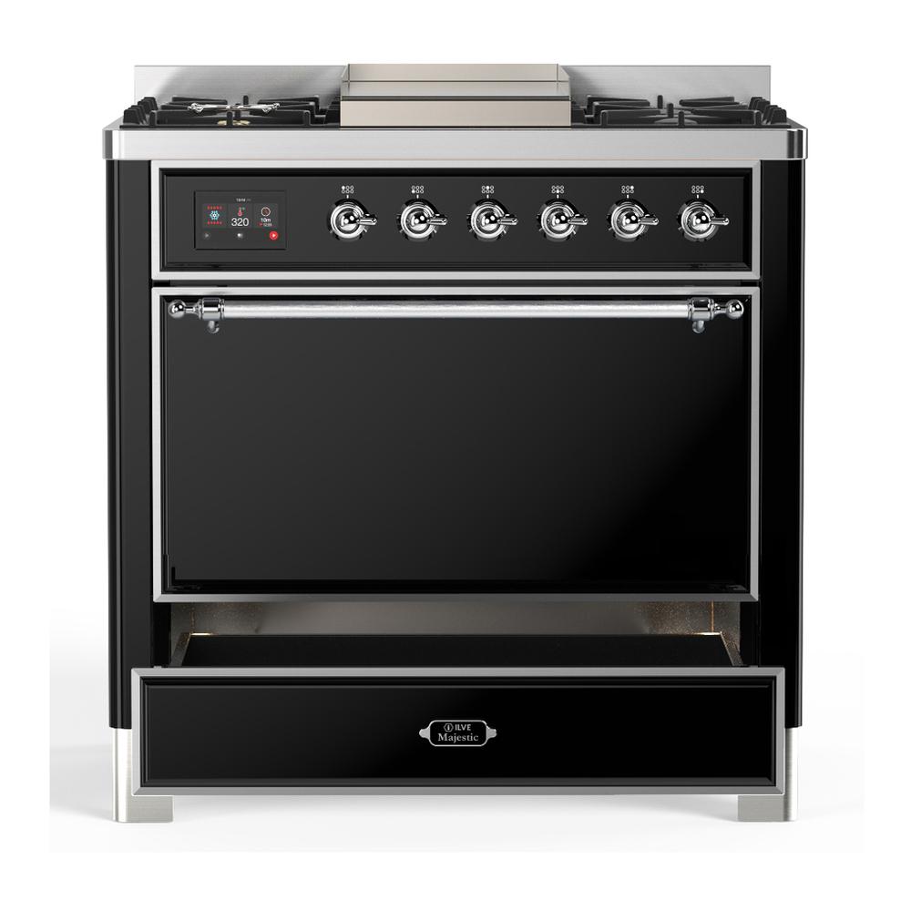 Ilve UM36FQNR3BKC Ilve Um36Fqnr3Bkc Majestic Iii 36 Inch Dual Fuel Range With 6 Black Brass Burners And Griddle, Dual Function Burner Up To 25,000 Btu (Solid Door, Glossy Black, Chrome, Natural Gas)