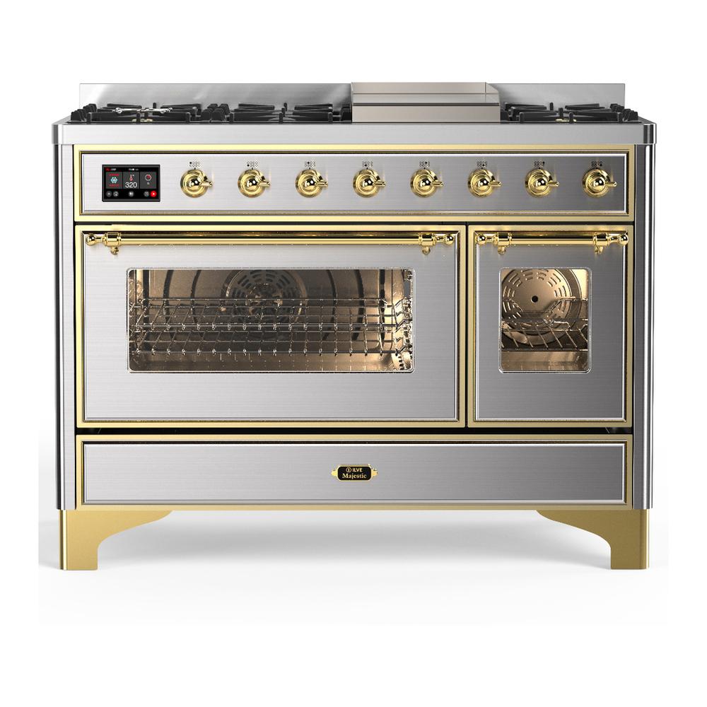 Ilve UM48FNR3SSG Ilve Um48Fnr3Ssg Majestic Iii 48 Inch Dual Fuel Range With 8 Burners And Griddle, Dual Function Burner Up To 25,000 Btu (Natural Gas, Triple Glass Door, Stainless Steel, Brass)