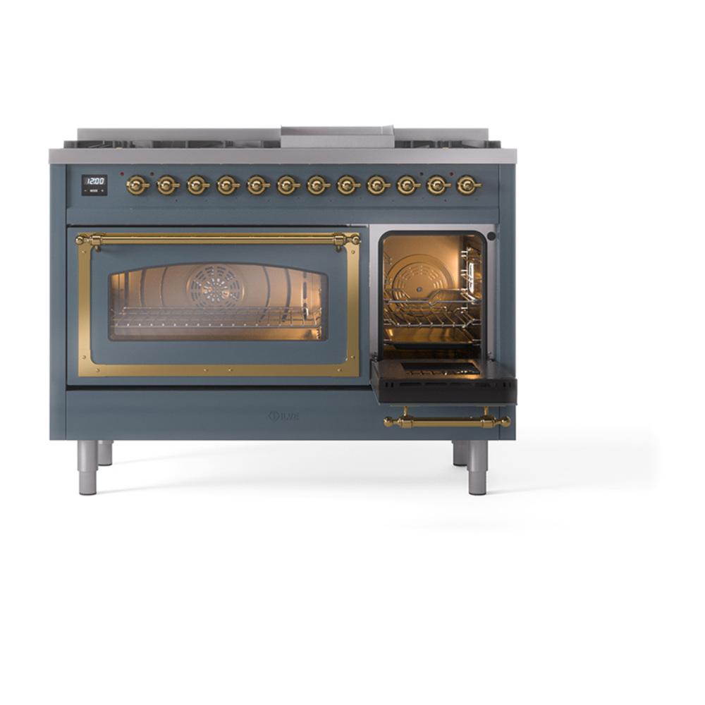 Ilve UN48FNMPBGGLP Ilve Un48Fnmpbgglp Nostalgie Ii Noblesse 48" Dual Fuel Range (8 Sealed Burners + Griddle, Liquid Propane, Triple Glass Door, Blue Grey, Brass)