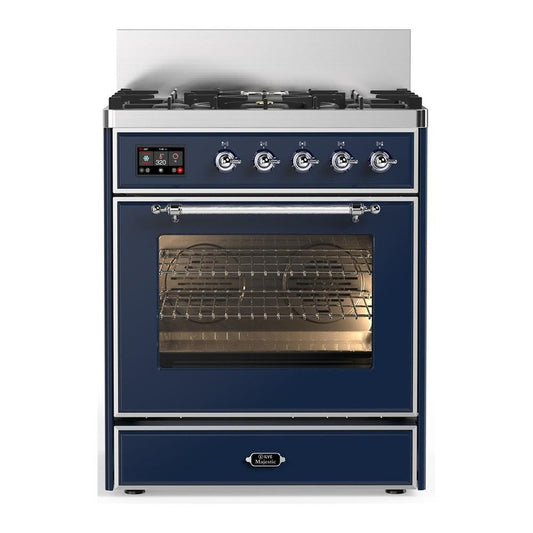 Ilve UM30NR3MBCLP Ilve Um30Nr3Mbclp Majestic Iii 30 Inch Dual Fuel Range With 5 Black Brass Burners, Dual Function Burner Up To 25,000 Btu (Liquid Propane, Triple Glass Door, Midnight Blue, Chrome)