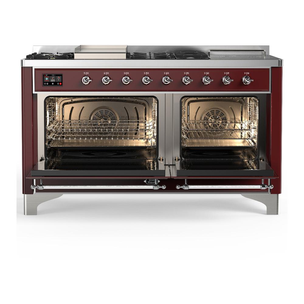 Ilve UM60FSQNR3BUC Ilve Um60Fsqnr3Buc Majestic Iii 60 Inch Dual Fuel Range With 7 Burners, Griddle And French Top, Dual Function Burner With Up To 25,000 Btu (Natural Gas, Solid Door, Burgundy, Chrome)