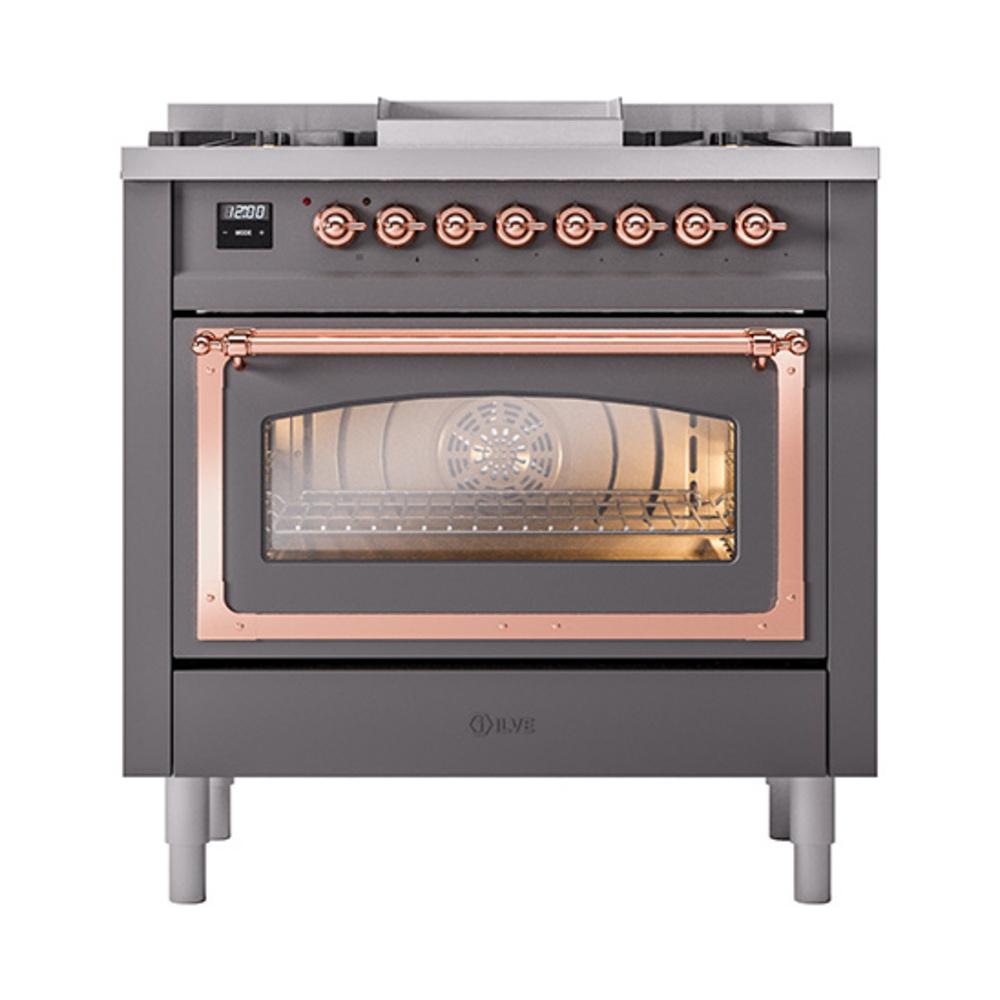 Ilve UN36FNMPMGPLP Ilve Un36Fnmpmgplp Nostalgie Ii Noblesse 36" Dual Fuel Range (Liquid Propane, Triple Glass Door, Graphite Matte, Copper)