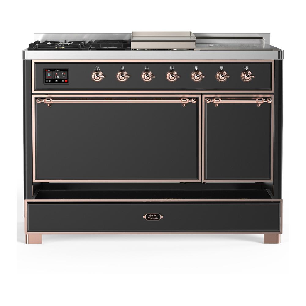 Ilve UM48FSQNR3MGPLP Ilve Um48Fsqnr3Mgplp Majestic Iii 48 Inch Dual Fuel Range With 5 Black Brass Burners, Griddle And French Top, Dual Function Burner Up To 25,000 Btu (Liquid Propane, Solid Door, Graphite Matte, Copper)