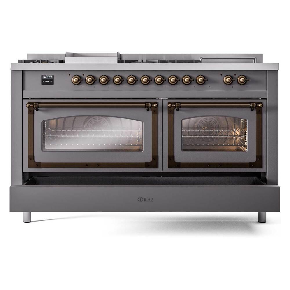 Ilve UN60FSNMPMGB Ilve Un60Fsnmpmgb Nostalgie Ii Noblesse 60" Dual Fuel Range (7 Sealed Burners + Griddle + French Top, Natural Gas, Triple Glass Door, Graphite Matte, Burnished)