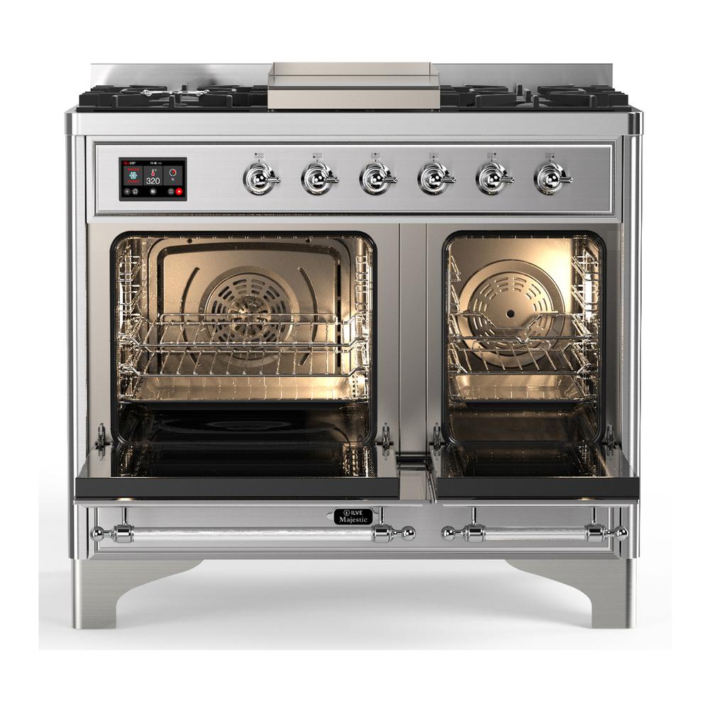 Ilve UMD40FNR3SSC Ilve Umd40Fnr3Ssc Majestic Iii 40 Inch Dual Fuel Range With 6 Burners And Griddle, Dual Function Burner Up To 25,000 Btu (Natural Gas, Triple Glass Door, Stainless Steel, Chrome)