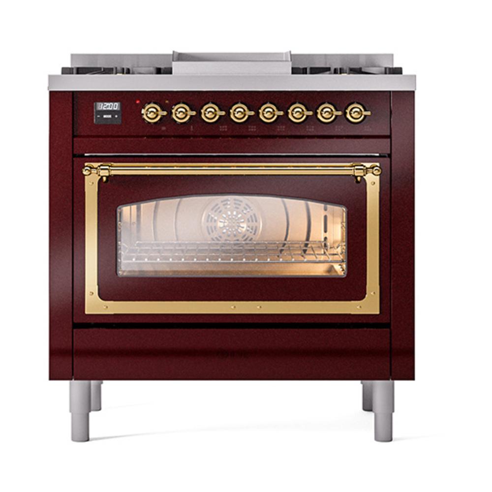 Ilve UN36FNMPBUGLP Ilve Un36Fnmpbuglp Nostalgie Ii Noblesse 36" Dual Fuel Range (Liquid Propane, Triple Glass Door, Burgundy, Brass)