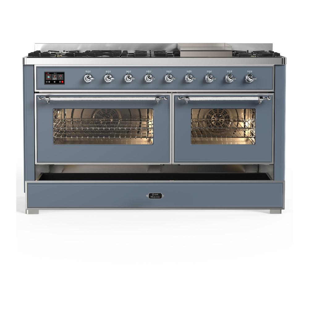 Ilve UM60FNR3BGCLP Ilve Um60Fnr3Bgclp Majestic Iii 60 Inch Dual Fuel Range With 9 Burners And Griddle, Dual Function Burner Up To 25,000 Btu (Liquid Propane, Triple Glass Door, Blue Grey, Chrome)