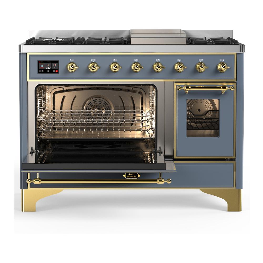 Ilve UM48FNR3BGGLP Ilve Um48Fnr3Bgglp Majestic Iii 48 Inch Dual Fuel Range With 8 Burners And Griddle, Dual Function Burner Up To 25,000 Btu (Liquid Propane, Triple Glass Door, Blue Grey, Brass)
